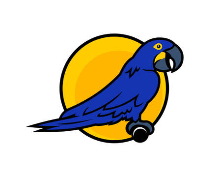 Blue Macaw parrot cartoon character sitting on the perch on yellow backgroundのイラスト素材