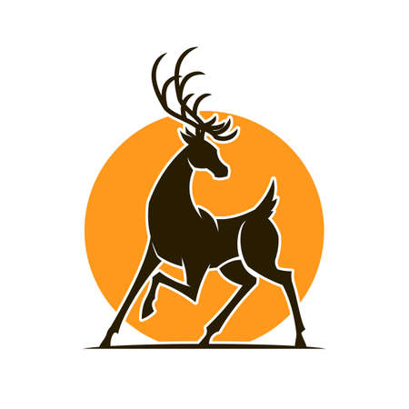 Elegant Deer silhouette on background of stylized sun - cut out elk iconのイラスト素材