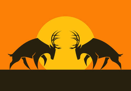 Cut out vector silhouette of horned deers standing opposite each other on the sun backgroundのイラスト素材