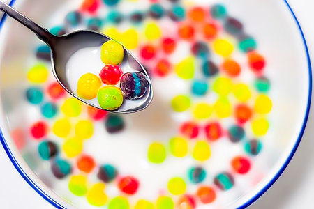 Colorful candies on a spoon in a bowl of milk.の写真素材