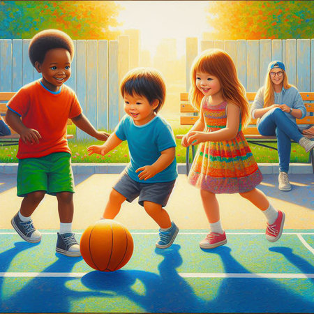 Children Playing Basketball Sport Teamwork Playful Togetherness Concept Illustrationの素材