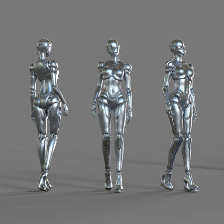 3D render illustration of reflective metallic cyborg female robot standing straight in different...