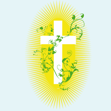 christian cross and green plant on blue backgroundのイラスト素材