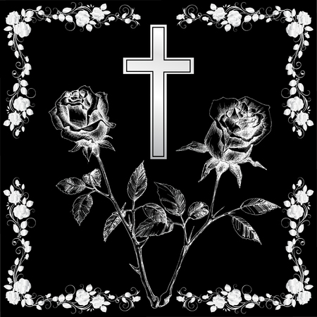 silver christening cross with rose on black backgroundのイラスト素材