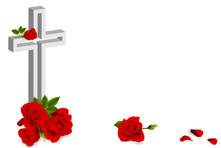 red roses and white christian cross on white backgroundのイラスト素材