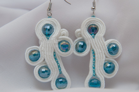 earrings white with blue glass beads  handmadeの写真素材