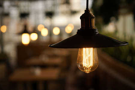 Incandescent lamps in a modern cafe. Edison lamp.の写真素材