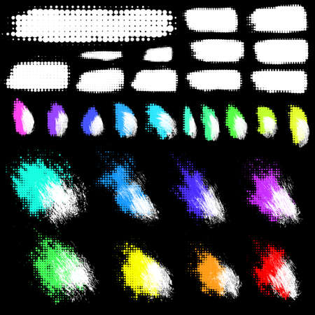 set of 30 brush stroke stains with trendy halftone effect. Vector EPS10. Paintbrush with dotted effectの写真素材