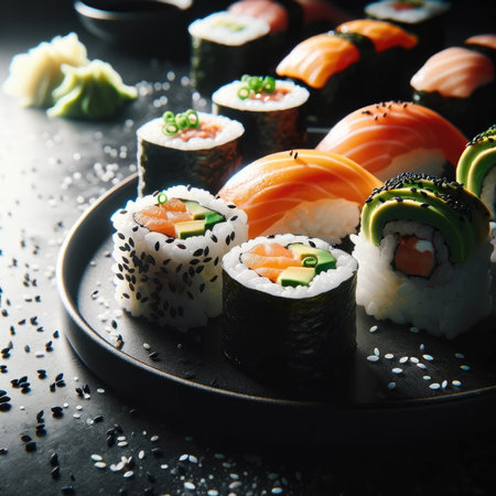 Sushi rolls set on a black plate. Concept of japanese food, healthy food, freshness seafood. Illustration of tasty lunch, dinner, appetizer. Trendy food photography style, beautiful laying, close up.の素材