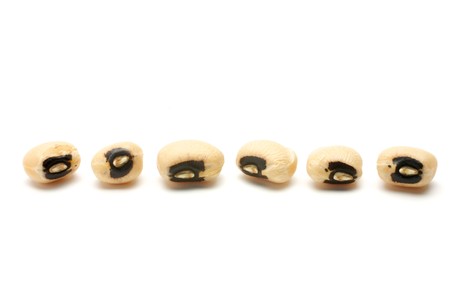 6 black eye beans seeds are laid in a horizontal row. Isolated on white background.の写真素材