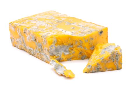 Cheese and a slice of cheese with mould. Isolated on white backgroundの写真素材