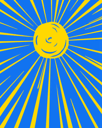 Drawing of a yellow sun on a blue sky. Long rays depart from the sun. In different directions. The...