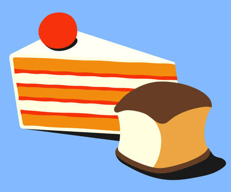 A simple drawing of a piece of biscuit cake with a cherry, next to which lies a bun.