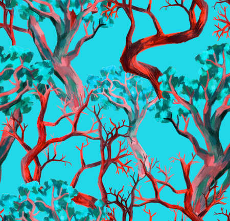 Minimalist style seamless pattern. Curved bare trees, branches and crowns in fall season. Pencil graphic art. Backdrop for wallpaper, fabric, textile, texture, wrapper or surface.の写真素材