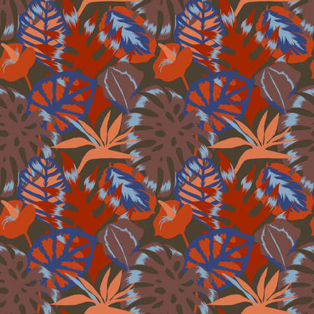 Floral seamless pattern made of Monstera leaves,Flamingo flower and exotic foliage. Bright botanical pattern with Palm leaves. Backdrop for wallpaper, fabric, textile, texture, wrapper or surface.の写真素材