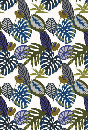 Floral seamless pattern made of tropical Monstera leaves, Flamingo flower and exotic foliage. Palm leaves isolated on white. Backdrop for wallpaper, fabric, textile, texture, wrapper or surface.の写真素材