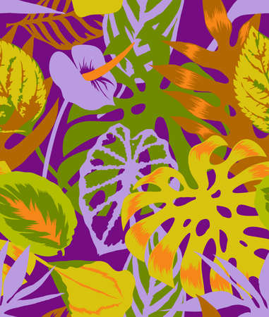 Floral seamless pattern made of Monstera leaves,Flamingo flower and exotic foliage. Bright botanical...