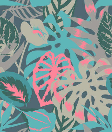 Floral seamless pattern made of tropical Monstera leaves,Flamingo flower and exotic foliage. Palm...