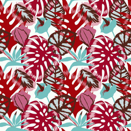 Floral seamless pattern made of Monstera leaves,Flamingo flower and exotic foliage. Bright botanical pattern with Palm leaves. Backdrop for wallpaper, fabric, textile, texture, wrapper or surface.の写真素材