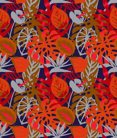 Floral seamless pattern made of Monstera leaves,Flamingo flower and exotic foliage. Bright botanical pattern with Palm leaves. Backdrop for wallpaper, fabric, textile, texture, wrapper or surface.の写真素材