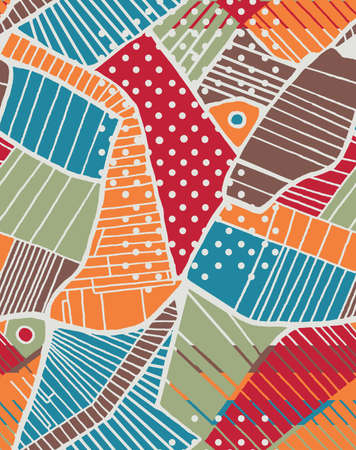 Abstract seamless pattern. Background in patchwork style made of irregular figures with lines, stripes, dots. Illustration inspired by the view of the earth's surface from the satellite. For textile, bedding, fabric, wrapping, surface, Interior.の写真素材