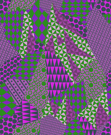 Abstract geometric seamless pattern. Repeat colored graphics elements. Triangles, rhombus, dot, circles and stripes. Modern design for wallpaper, bedding, fabric, textile, wrapper, surface, Interior.の写真素材