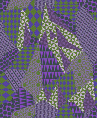 Abstract geometric seamless pattern. Repeat colored graphics elements. Triangles, rhombus, dot, circles and stripes. Modern design for wallpaper, bedding, fabric, textile, wrapper, surface, Interior.の写真素材