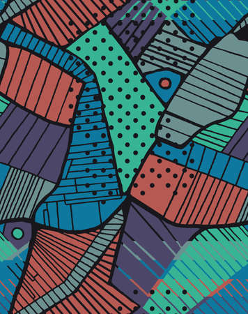 Abstract seamless pattern. Background in patchwork style made of irregular figures with lines, stripes, dots. Illustration inspired by the view of the earth's surface from the satellite. For textile, bedding, fabric, wrapping, surface, Interior.の写真素材