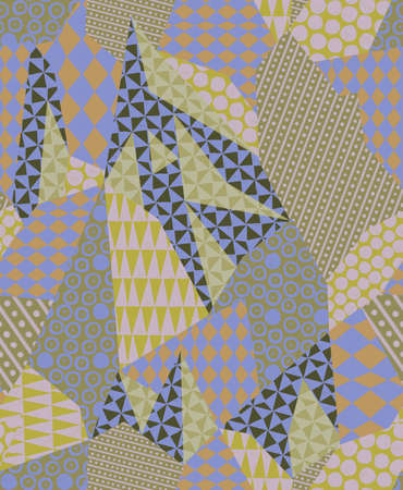 Abstract geometric seamless pattern. Repeat colored graphics elements. Triangles, rhombus, dot, circles and stripes. Modern design for wallpaper, bedding, fabric, textile, wrapper, surface, Interior.の写真素材
