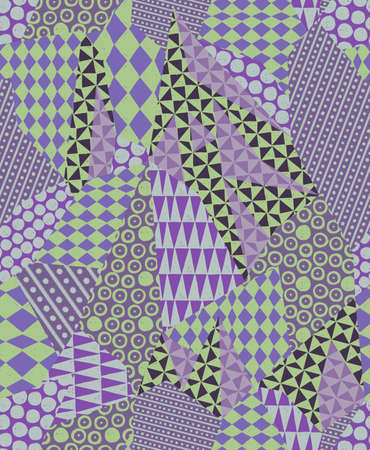 Abstract geometric seamless pattern. Repeat colored graphics elements. Triangles, rhombus, dot, circles and stripes. Modern design for wallpaper, bedding, fabric, textile, wrapper, surface, Interior.の写真素材