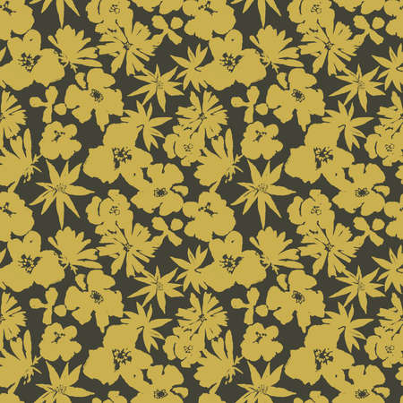 Watercolor floral seamless pattern. Silhouettes made of wild flowers and petals. Botanical painting isolated on black.Small pattern for textiles, fabrics, clothes, souvenirs, wrapper or surface.の写真素材