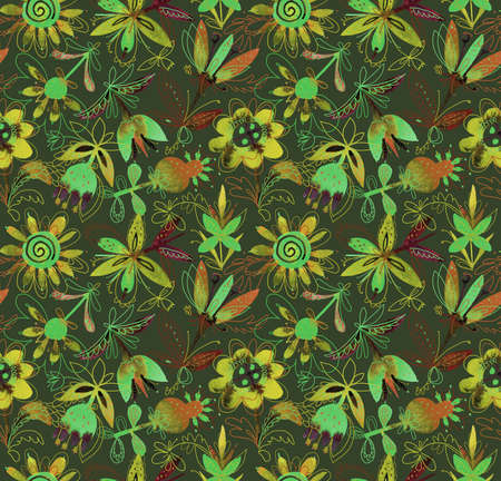 Floral seamless pattern with abstract colorful plants and flowers. Hand drawn watercolor botanical elements in folk style. Decorative backdrop for fashion prints, fabric, textile, wrapper or surface.の写真素材