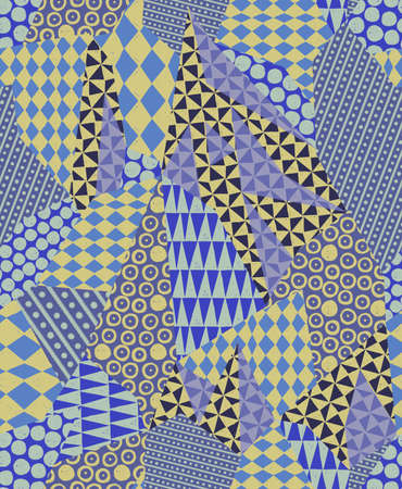 Abstract geometric seamless pattern. Repeat colored graphics elements. Triangles, rhombus, dot, circles and stripes. Modern design for wallpaper, bedding, fabric, textile, wrapper, surface, Interior.の写真素材