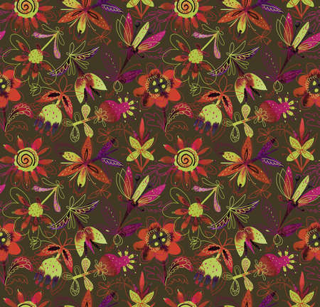 Floral seamless pattern with abstract colorful plants and flowers. Hand drawn watercolor botanical elements in folk style. Decorative backdrop for fashion prints, fabric, textile, wrapper or surface.の写真素材
