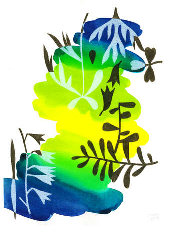 Abstract watercolor floral drawing. Wild flowers, meadow plants, leaves and herbs over watercolor brushstrokes. Great for poster, banner, interior decor, kid room, nursery design.の写真素材