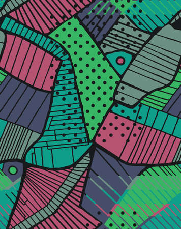 Abstract seamless pattern. Background in patchwork style made of irregular figures with lines, stripes, dots. Illustration inspired by the view of the earth's surface from the satellite. For textile, bedding, fabric, wrapping, surface, Interior.の写真素材