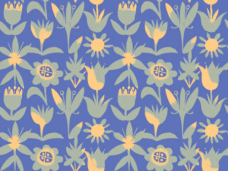 Floral seamless pattern with abstract colorful plants and flowers. Hand drawn watercolor botanical elements in folk style. Decorative backdrop for fashion prints, fabric, textile, wrapper or surface.の写真素材