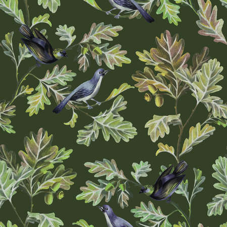 Botanical seamless pattern with birds, oak branches, leaves and acorns. Nature motif drawn by color pencils. Vintage style. Great for bedding, fabric, clothes, wallpaper, wrapping.の写真素材