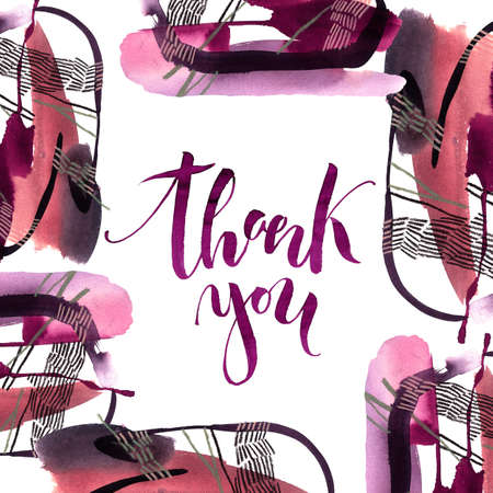 Postcard frame. Freehand abstract watercolor paint brush strokes with doodle graphics. A text Thank you. Modern brush calligraphy. の写真素材