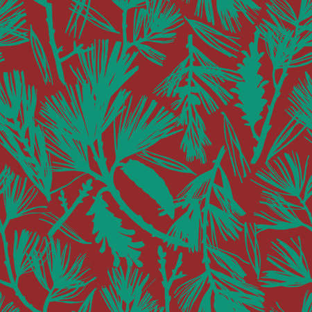 Floral seamless pattern with spruce branches and pine cones. Botanical illustration drawn with color pencils in vintage style. Great for bedding, fabric, textile, wallpaper, interior decor, wrapping,の写真素材