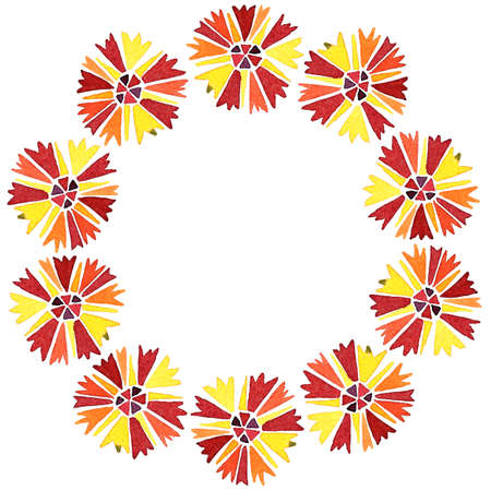 Watercolor floral wreath in folk style made of Marigold flowers and foliage. Wedding Decoration Isolated on White. For wedding invitation, greeting card, poster, party decor, romantic events.の写真素材