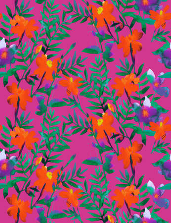 Watercolor floral seamless pattern. Botanical illustration with blooming marigold flowers, petals...
