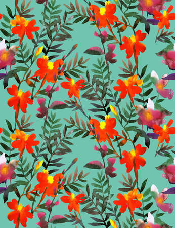 Watercolor floral seamless pattern. Botanical illustration with blooming marigold flowers, petals...