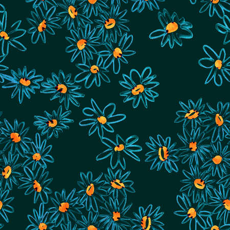 Floral seamless pattern with daisies. Bright botanical illustration. Flowers drawn by felt pen. Good for bedding, fabric, textile, wallpaper, wrapping, surface.の写真素材