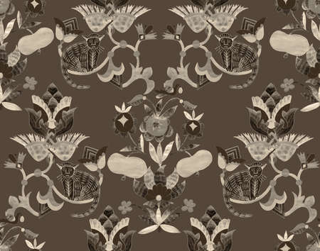 Seamless pattern in folk style. Abstract colorful plants, flowers, fruits and fairy animals. Hand...