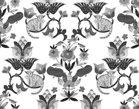 Seamless pattern in folk style. Abstract black and white plants, flowers, fruits and fairy animals....