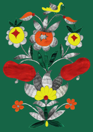 Artwork in folk style. Abstract colorful plants and flowers. Hand drawn primitive botanical elements. Pencil and gouache. Russian and nordic naive decorative illustration.の写真素材