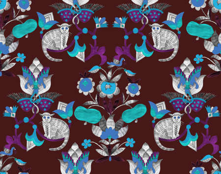 Seamless pattern in folk style. Abstract colorful plants, flowers, fruits and fairy animals. Hand...