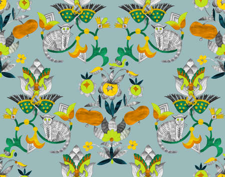 Seamless pattern in folk style. Abstract colorful plants, flowers, fruits and fairy animals. Hand...
