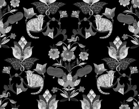 Seamless pattern in folk style. Abstract black and white plants, flowers, fruits and fairy animals....